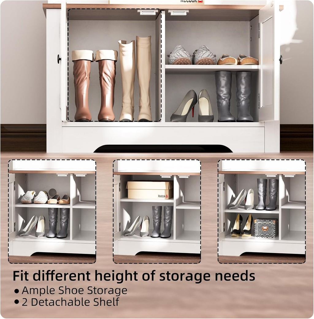 Hall Tree with Shoe Rack, 5-in-1 Farmhouse Coat Rack with Shoe Bench, Standing Shoe Storage with 3 Hooks for Front Door Entrance Mudroom Entryway Bedroom Hallway Living Room, White and Walnut