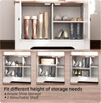 Hall Tree with Shoe Rack, 5-in-1 Farmhouse Coat Rack with Shoe Bench, Standing Shoe Storage with 3 Hooks for Front Door Entrance Mudroom Entryway Bedroom Hallway Living Room, White and Walnut
