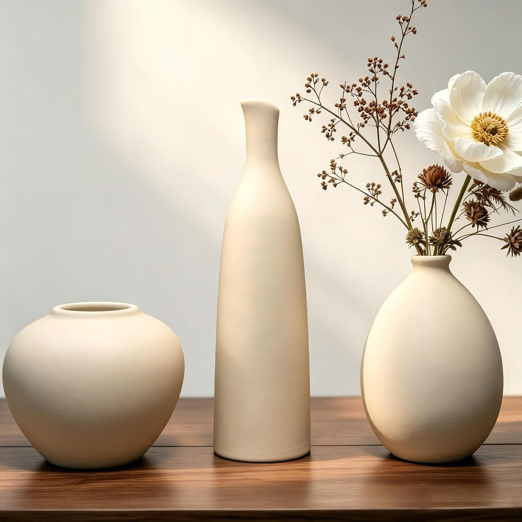 Ceramic Vase Set of 3, Neutral Rustic Farmhouse Flower Vases for Modern Home Decor, Beige Pottery for Living Room, Kitchen, Entryway Shelf & Bookshelf, Fits Flowers and Pampas Grass