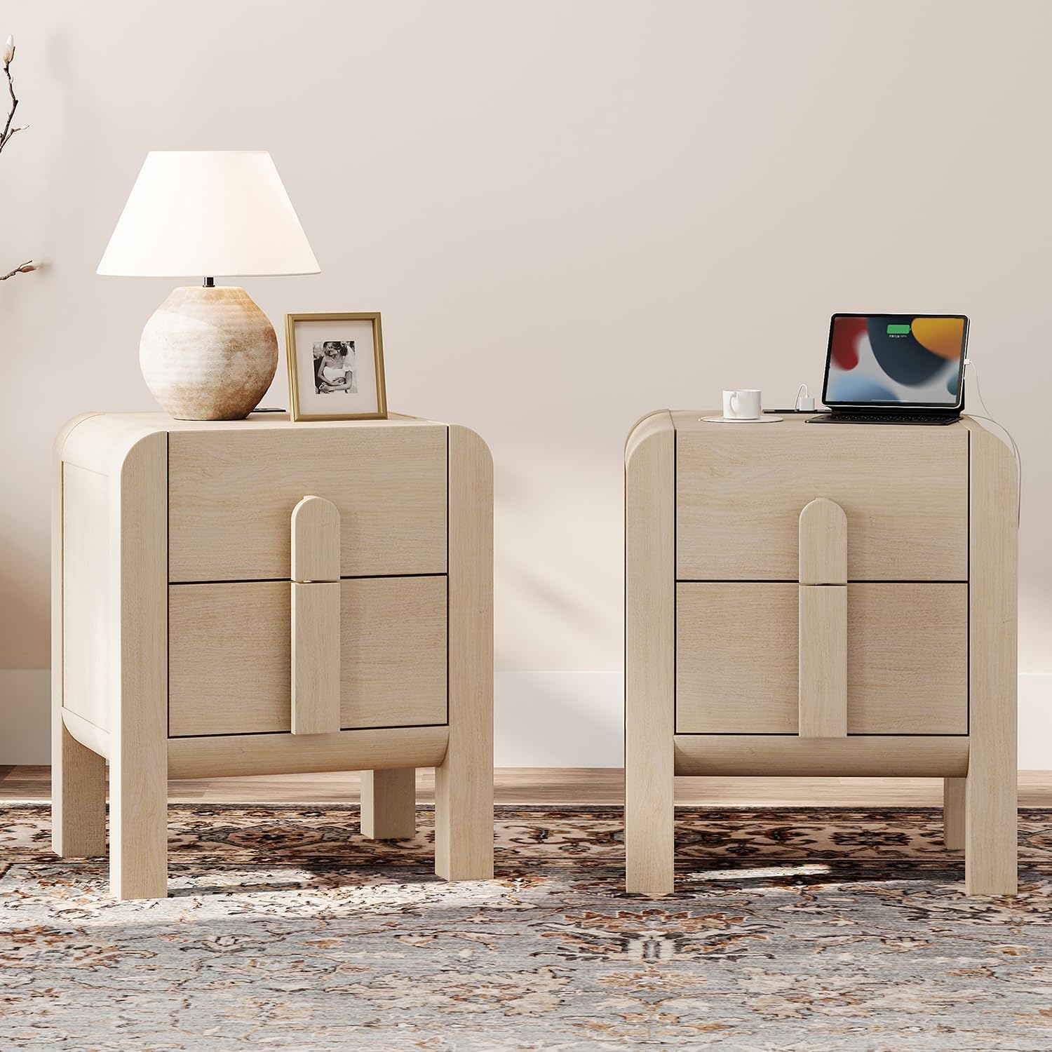 WAMPAT 23.7" Tall Beige Nightstands Set of 2, Modern Mid Century End Table with Charging Station, Wood Bedside Table w/2 Storage Drawers, Side Table Bedside Cabinet for Bedroom,Living Room，Beige
