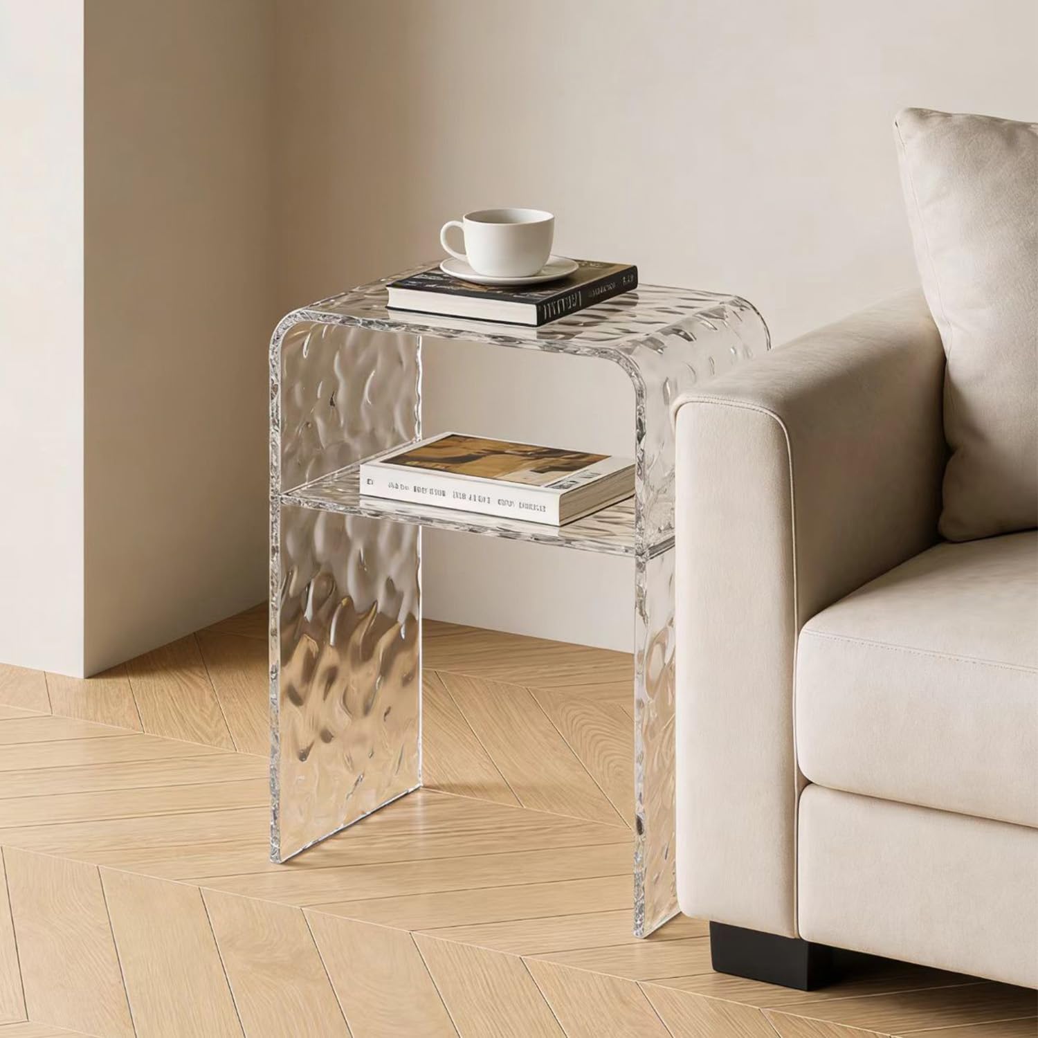 Acrylic 2-Tier End Table – 23.6”H Modern Nightstand with Shelf, Sturdy Bedside Storage for Bedroom, Living Room, Home Office, No Assembly Required (Water Ripple)