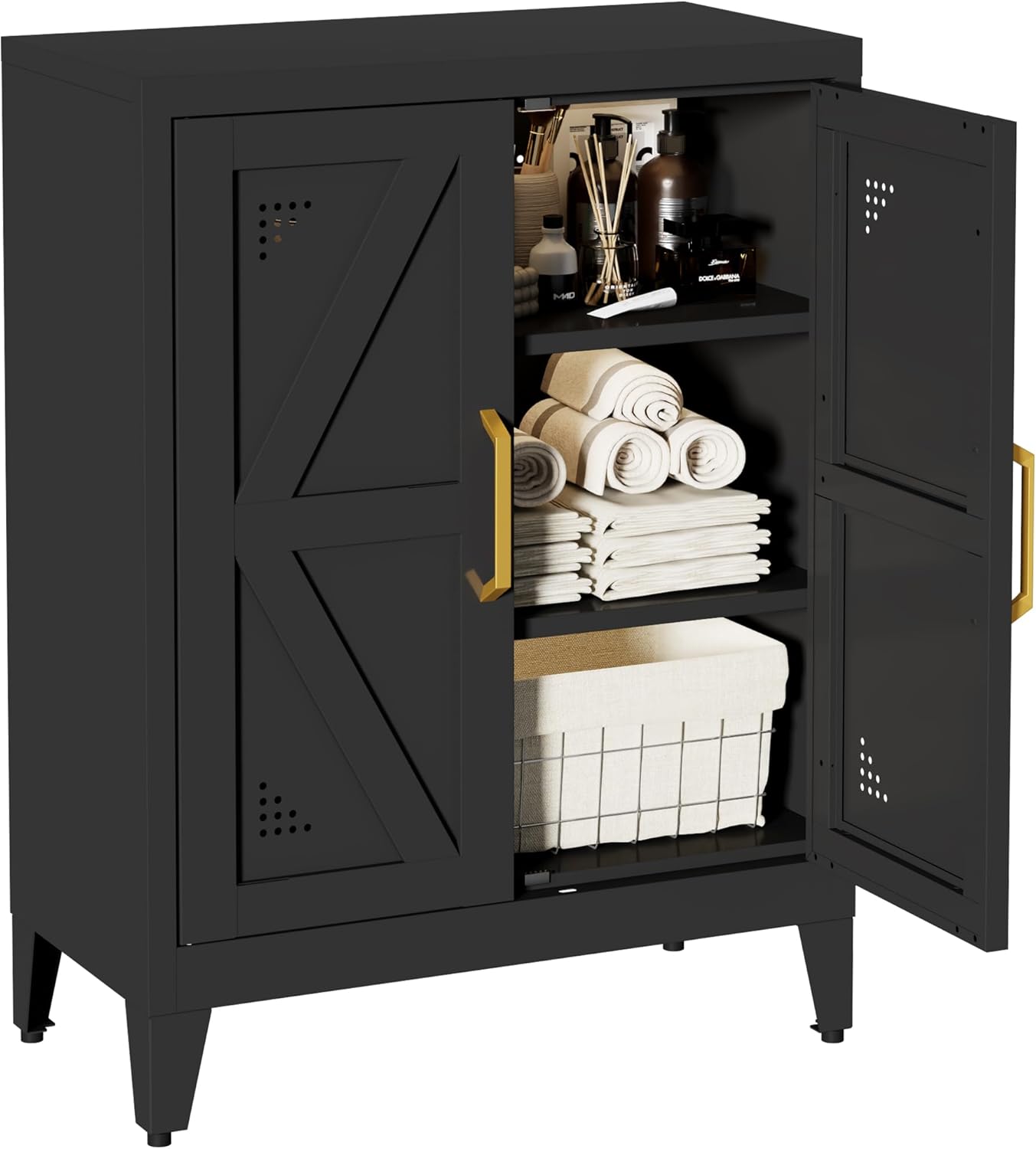32" Metal Kitchen Pantry Cabinet,Floor Bathroom Storage Cabinet with 2 Adjustable Shelves,Freestanding Sideboard for Small Spaces, Living Room, Hallway, Dining Room,Black