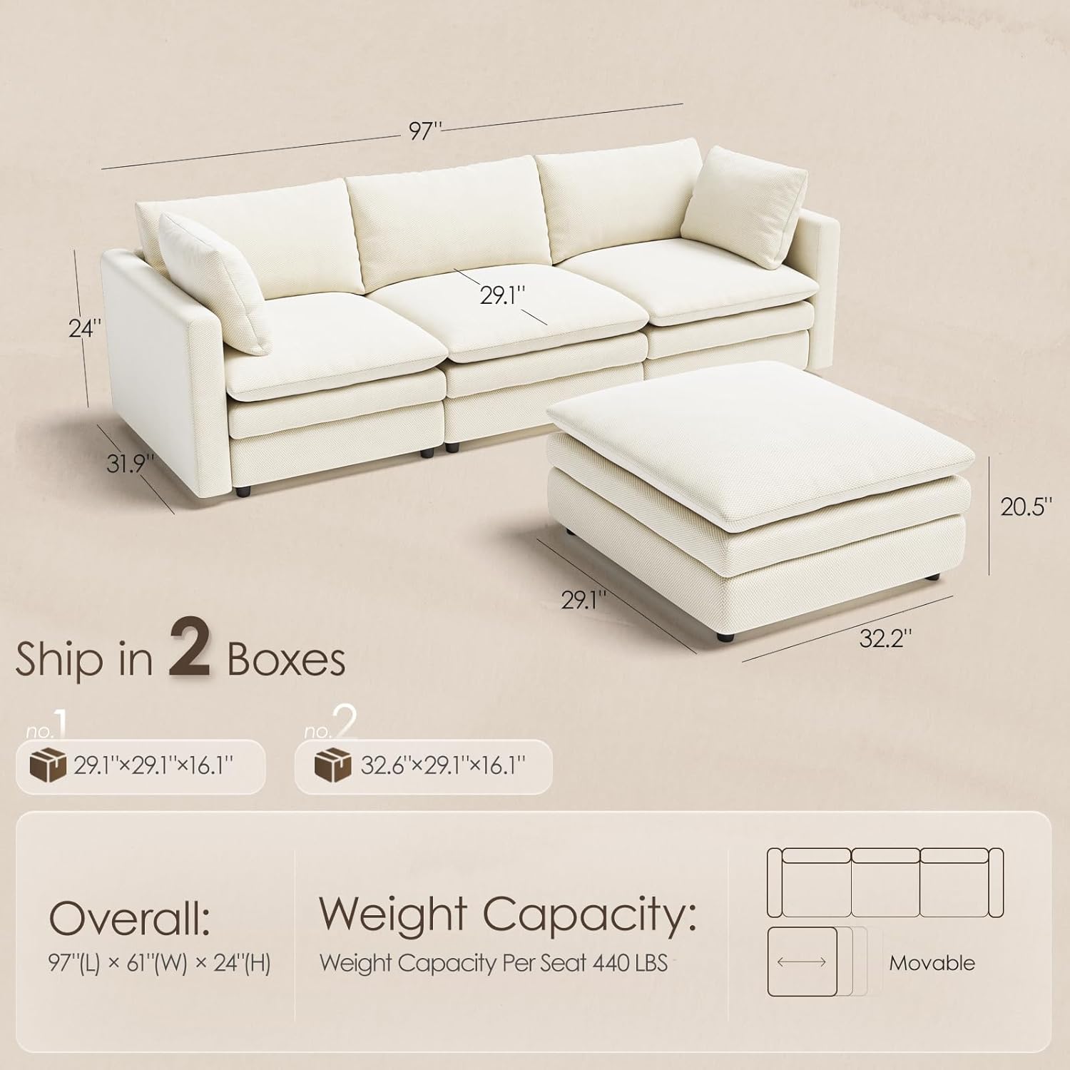 97" Cloud Couches for Living Room, 29.1" Deep Seat Modular Sectional Sofa, L Shaped Cloud Sofa with One Movable Ottoman