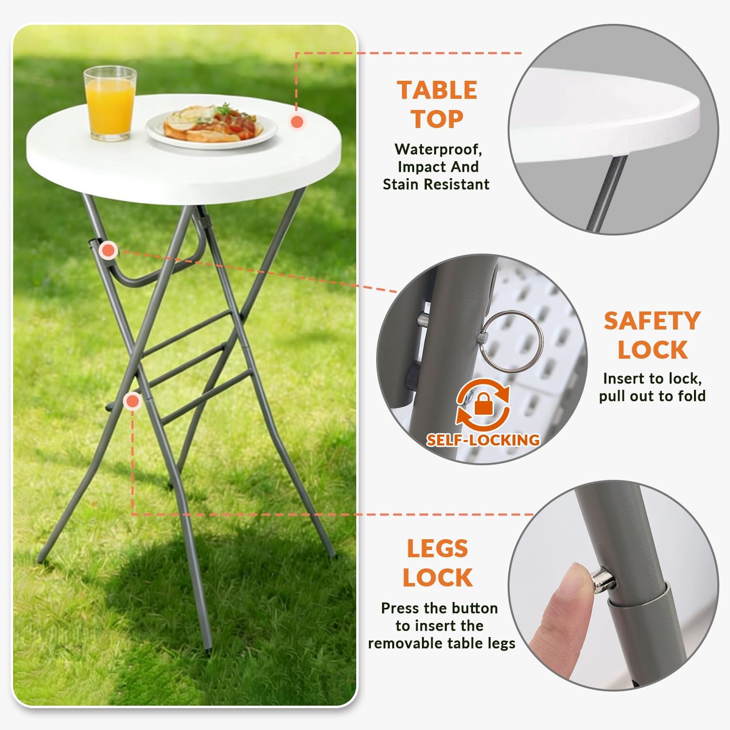 Lakhow Cocktail Table 28in Folding Round High Top Indoor Outdoor with Removable Legs, Tall Bistro Foldable Bar Height Table for Parties, Patio, Backyard, Dining Room, Events, Black- 1PCS