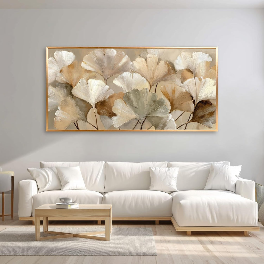 Azatyam Ginkgo Leaf Wall Art Frame Neutral Beige Floral Decor Botanical Nature Picture Ginkgo Leaves Canvas Prints for Living Room Bedroom Office Dining Large Brown Grey Yellow Metal Frame Art 24" x 46"