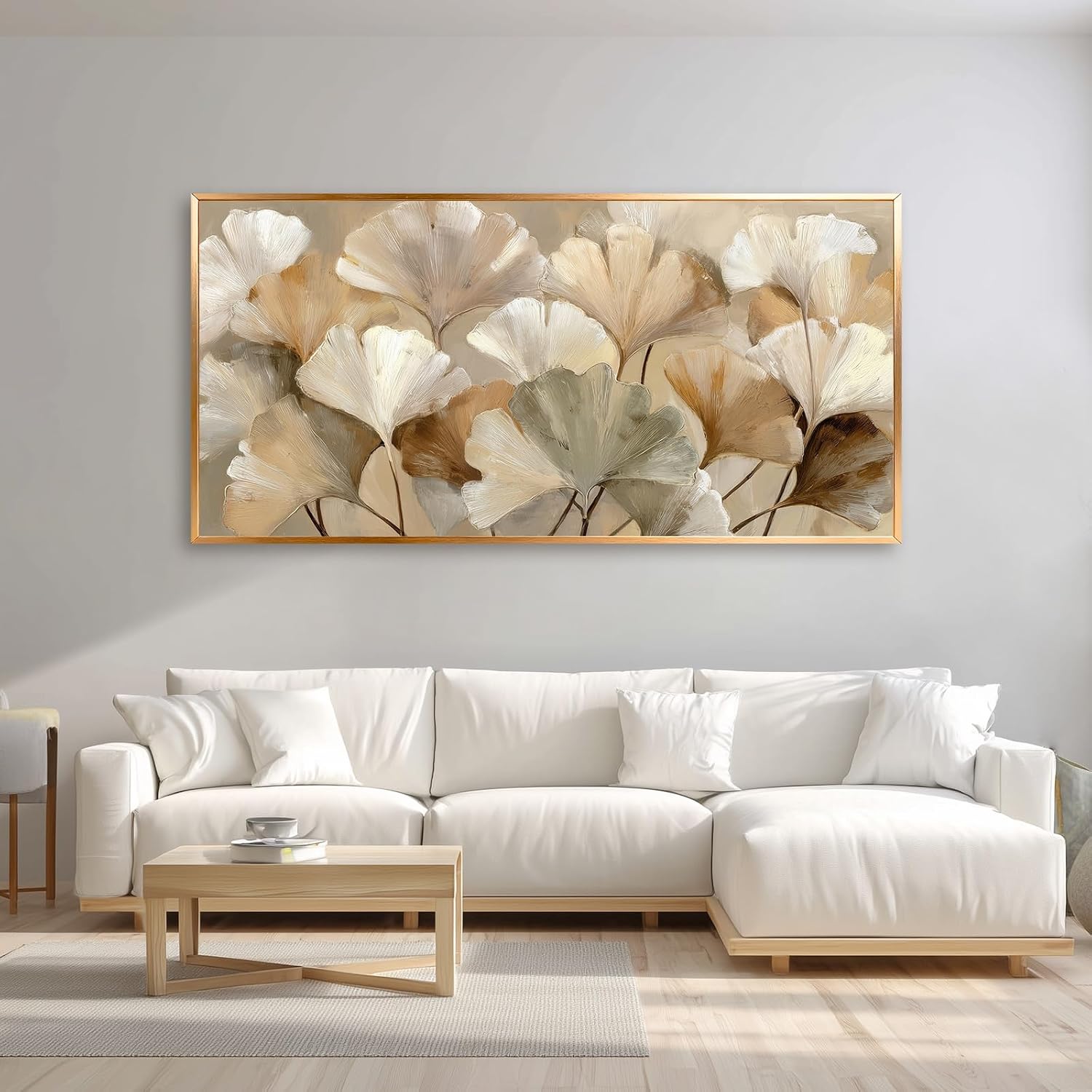 Azatyam Ginkgo Leaf Wall Art Frame Neutral Beige Floral Decor Botanical Nature Picture Ginkgo Leaves Canvas Prints for Living Room Bedroom Office Dining Large Brown Grey Yellow Metal Frame Art 24" x 46"