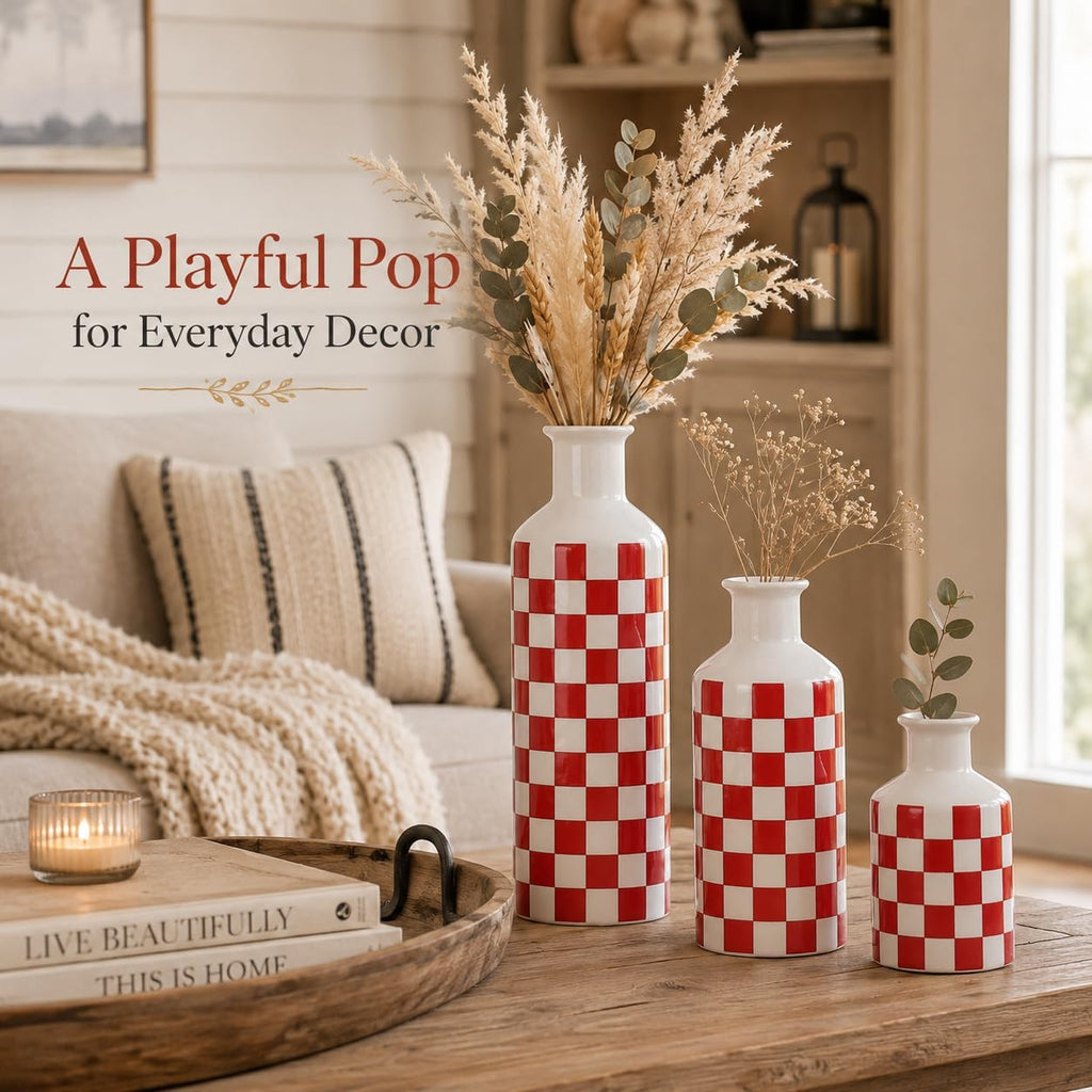 Ceramic Checkered Decorative Vase Set of 3,Black and White Porcelain Accent Vases with Varying Heights,Modern Minimalist Home Decor for Living Room,Shelf,Table,Farmhouse Style Gift (Red)