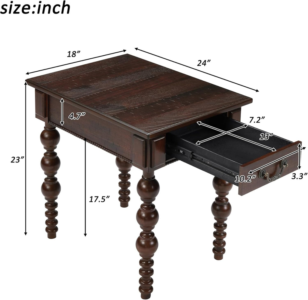 Homora Rectangular Wooden End Table with Storage Drawer, Vintage Narrow Sofa Table with Solid Wood Gourd-Shaped Legs, Farmhouse Side Table for Living Room Apartment Office, Espresso