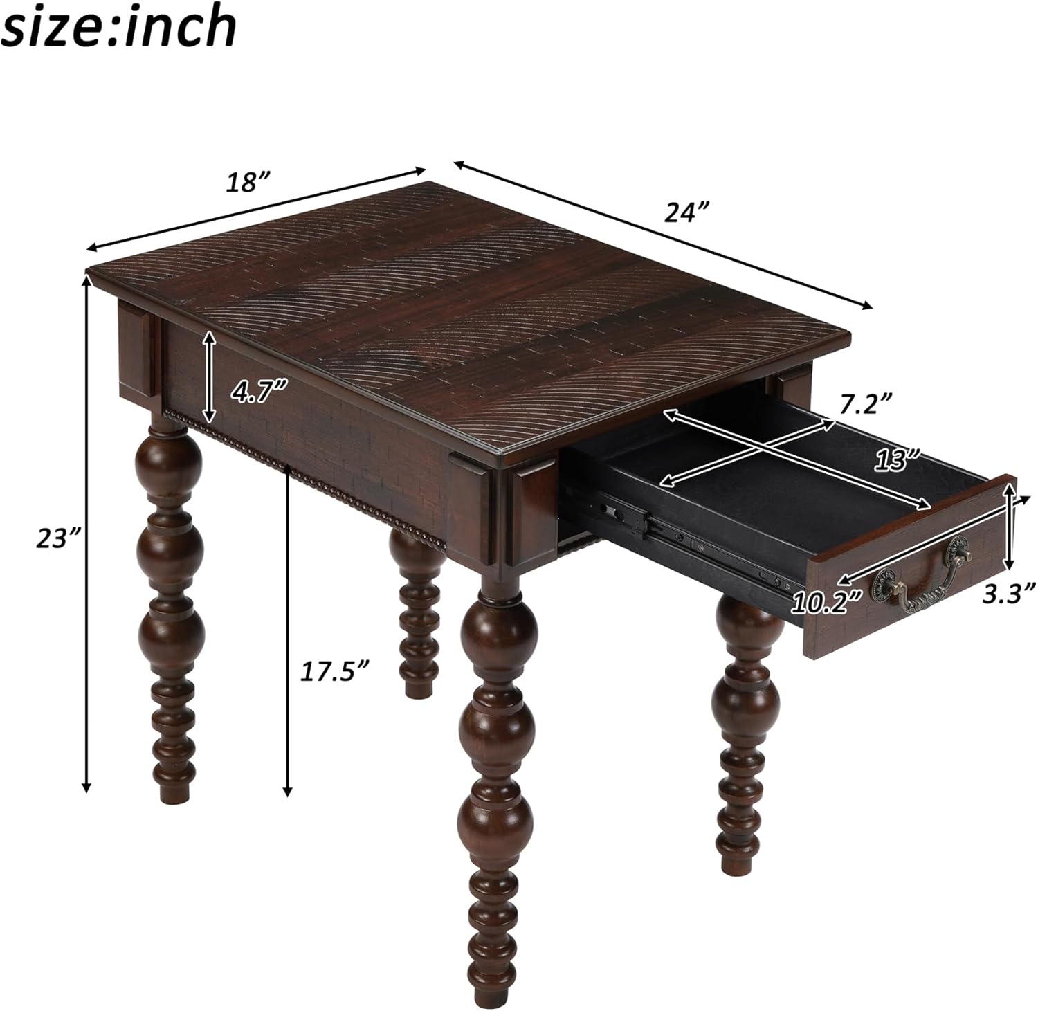Homora Rectangular Wooden End Table with Storage Drawer, Vintage Narrow Sofa Table with Solid Wood Gourd-Shaped Legs, Farmhouse Side Table for Living Room Apartment Office, Espresso