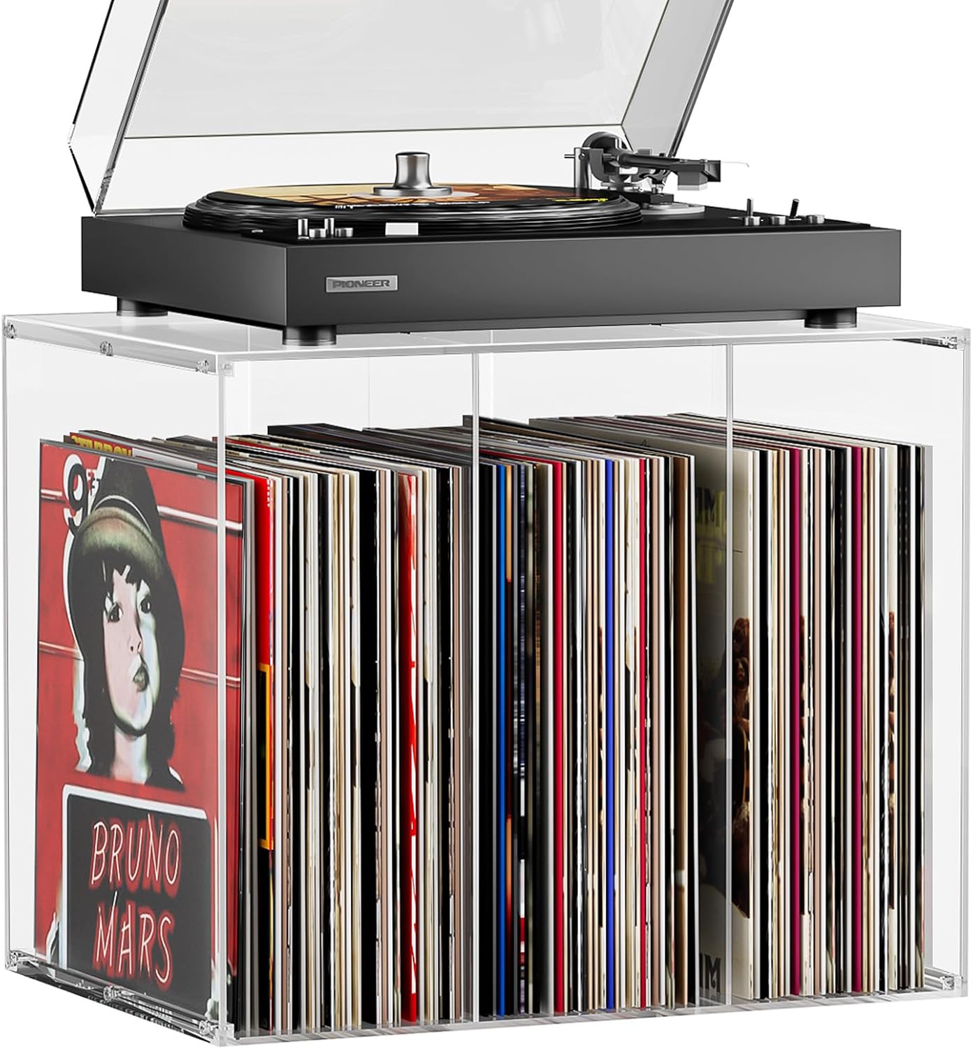 Bikoney Stackable Cube Acrylic Vinyl Record Storage, Tabletop Record Player Stand with Divided Vinyl Shelf, Vinyl Holder & Album Storage Box Crate Bin, Clear