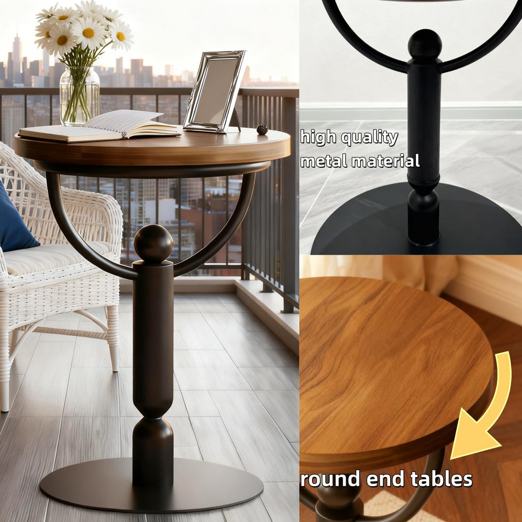 YUNMUARY-Modern Side Tables Living Room, Black Round End Table, Mid Century End Tables for Small Space, Metal Bedside Tables, Wooden Couch Side Table, Nightstand for Bedroom, No Assembly Required