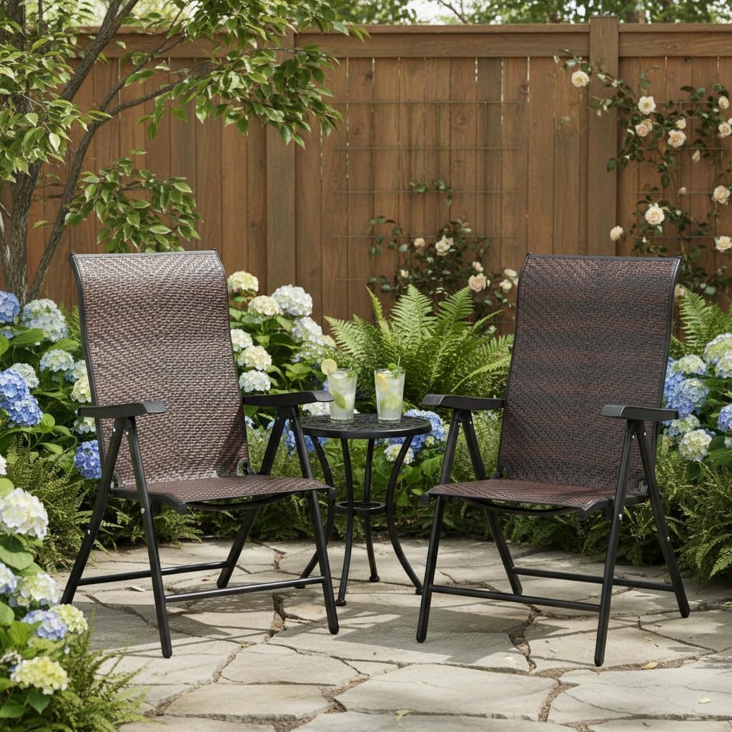 Tangkula Foldable Patio Wicker Dining Chairs Set of 4, Portable High Back Outdoor Wicker Chair with 5-Level Adjustable Backrest, No Assembly Reclining Chairs for Porch Deck Garden Balcony (4)