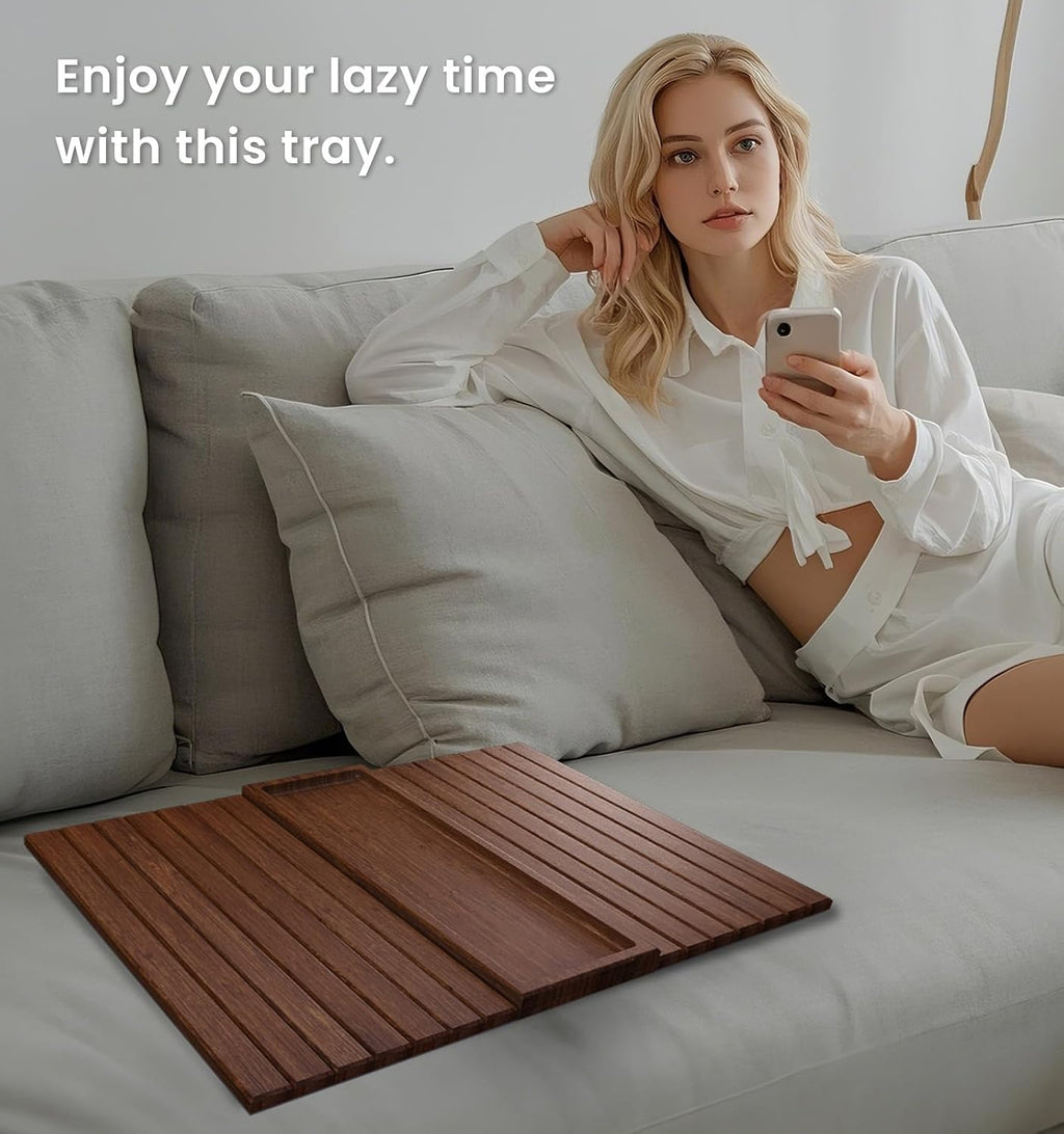 Sofa Arm Tray,Bamboo Folding Couch Arm Tray,Sofa Armrest Tray with Anti-Slip Pad for Drinks,Snacks,Phone,Remote Control（Brown）