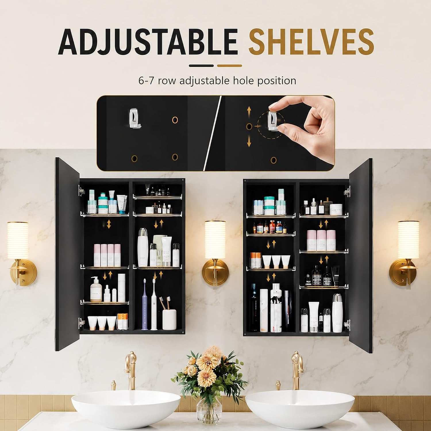 Medicine Cabinet with Mirror, 16 x 24 Frameless Beveled Bathroom Mirror with Storage, Aluminum Recessed or Wall Mount Medicine Cabinet, 6 Adjustable Shelves for Tall Bottles, DTC Soft Close