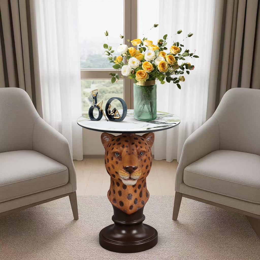 Leopard Side Table, Maximalist Room Decor Accent Table, Unique Animal Head Sculptural End Table with Faux Marble Top for Eclectic Vintage Home Interior, Living Room & Lounge - Savannah Leopard