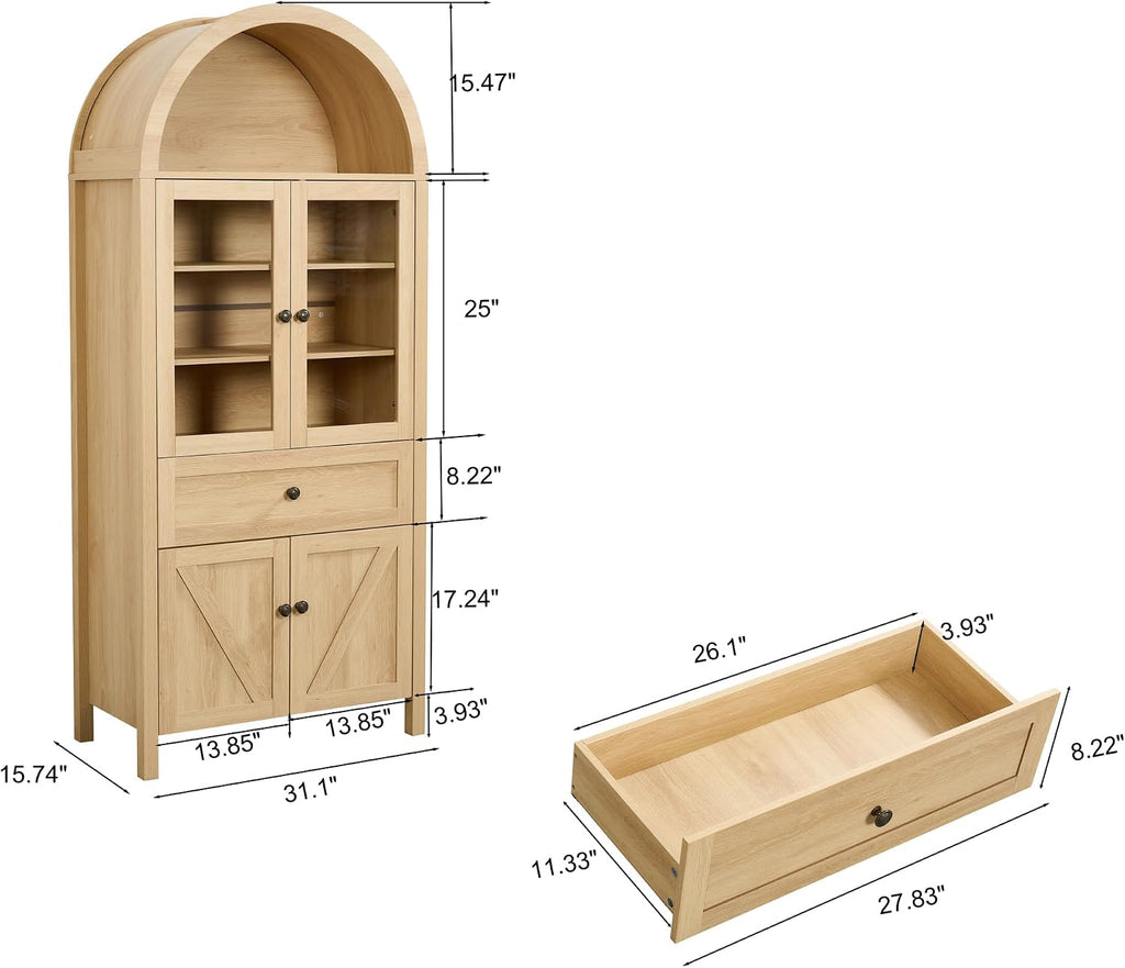 Arched Pantry Cabinet with Doors and Drawers,Farmhouse Kitchen Pantry Storage Cabinet,China Cabinets with Glass Doors,Dining Room Hutch(Natural)