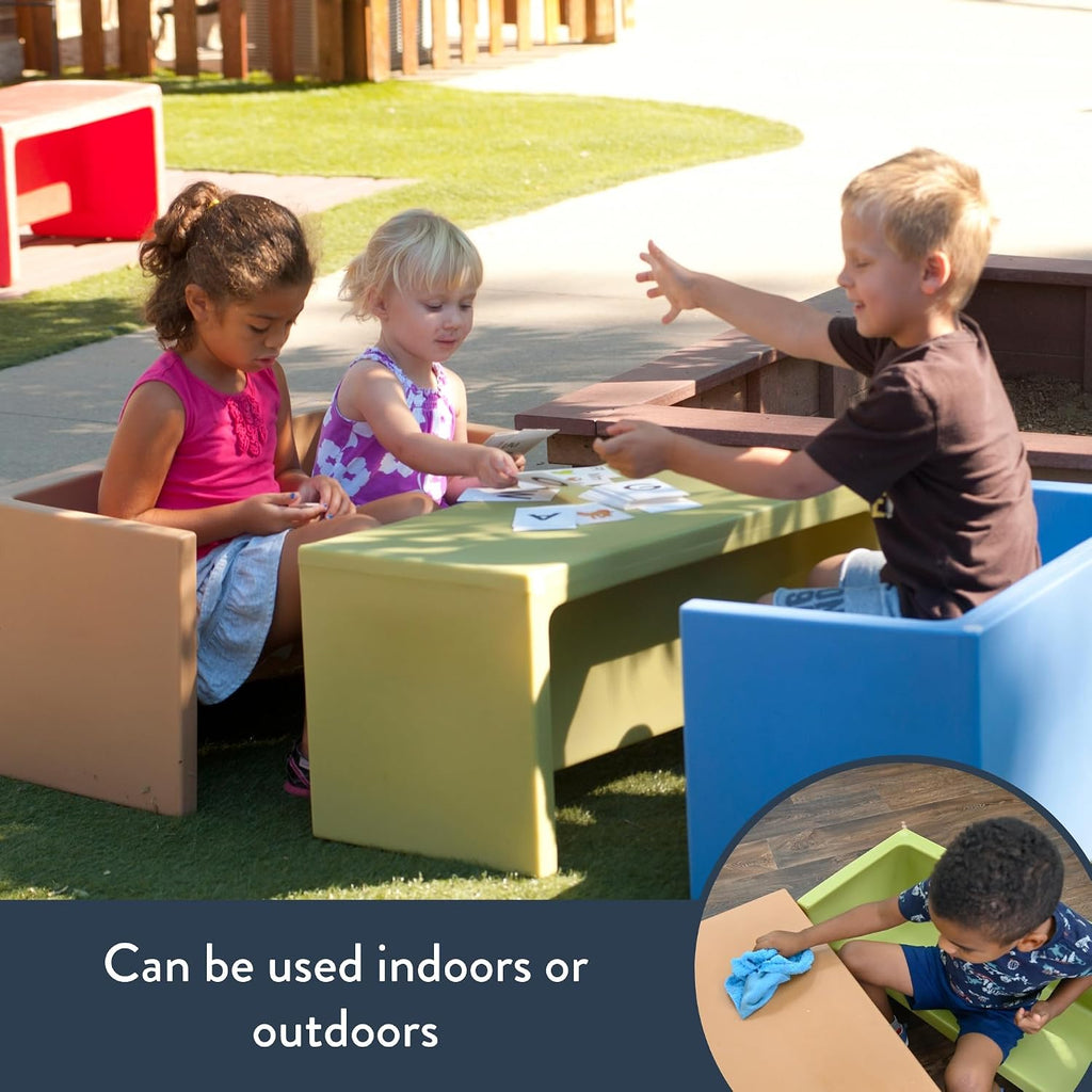 Children's Factory Cube Chairs and Adapta-Bench Bundle, Kids Flexible Seating, Classroom, Preschool and Daycare Furniture, Indoor or Outdoor Toddler Chairs, 3 Pack in Blue