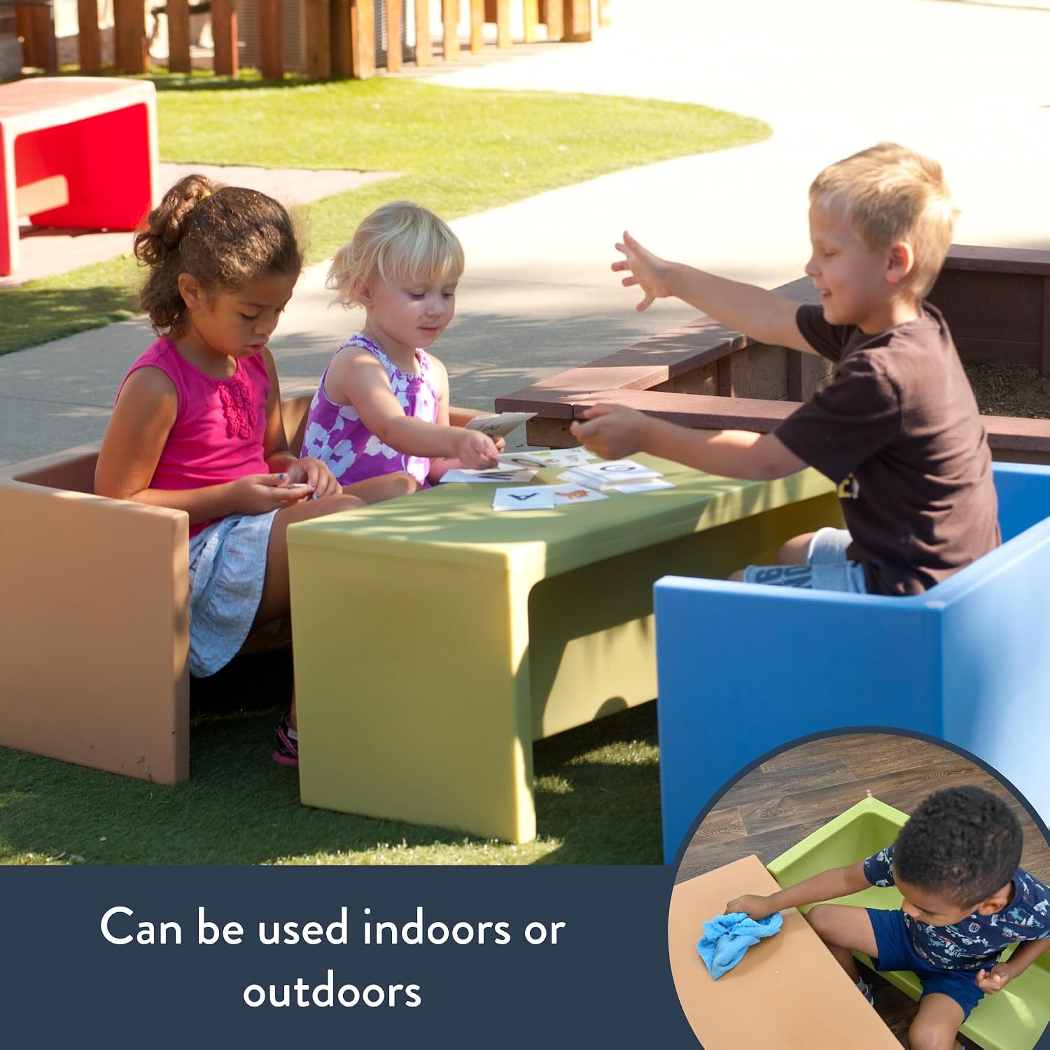 Children's Factory Cube Chairs and Adapta-Bench Bundle, Kids Flexible Seating, Classroom, Preschool and Daycare Furniture, Indoor or Outdoor Toddler Chairs, 3 Pack in Blue
