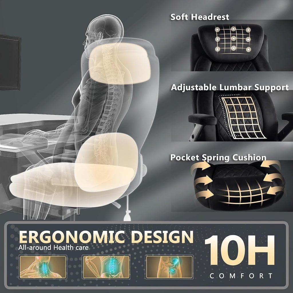 650LBS Big and Tall Office Chair with 5D Flip Arms and Thick Pocket Spring Cushion, Extra Wide Heavy Duty Office Chair & Adjustable Lumbar Support, Large High Back Computer Chair Dual Rubber Wheel