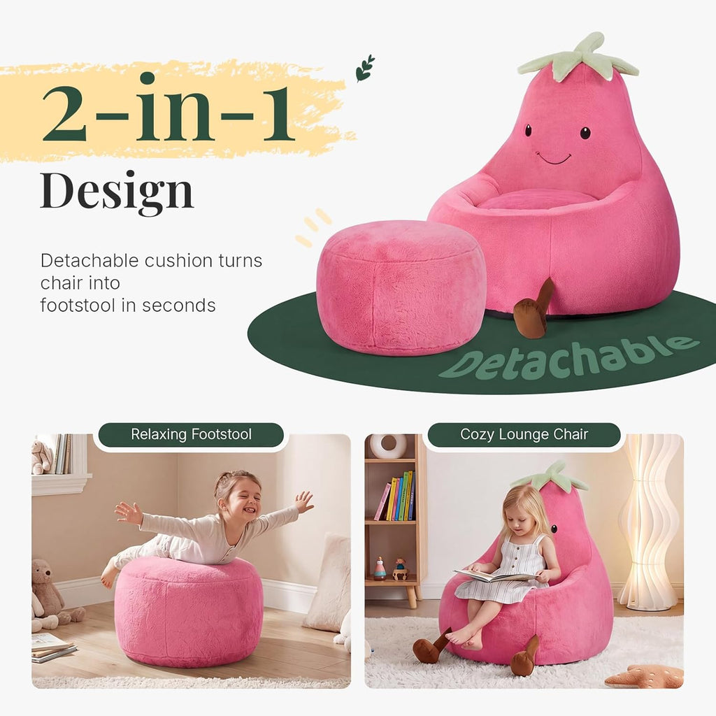 31" Kids Bean Bag Chair, Stuffed Toddler Couch with Faux Rabbit Fur Cover for Teens & Kids, Comfy Lazy Sofa Chair for Reader, Living Room, Bedroom, Aged 4-12 Years Rose Red
