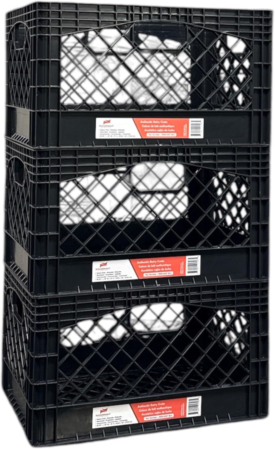 Juggernaut Storage 3-Pack 24-Quart Heavy-Duty Plastic Stackable Milk Crates with Handles, Black – Open Bin Basket Organizers for Home, Office, Dorm, and Car Organization