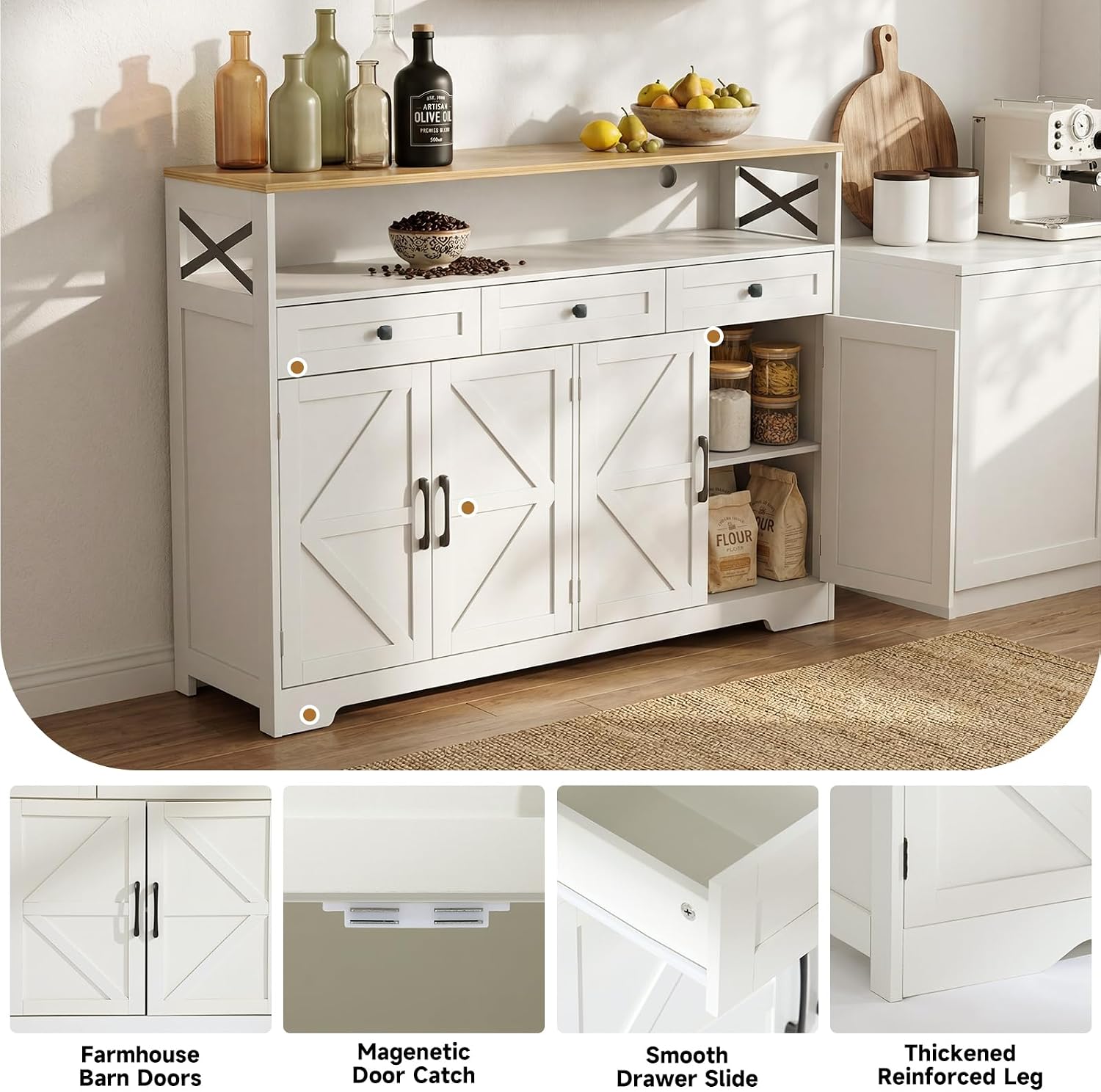 Lahomie Sideboard Buffet Cabinet with Storage, 55" Kitchen Buffet Cabinet with Charging Station, Farmhouse Coffee Bar Station with Drawers and Doors, Credenza for Kitchen Living Room Entryway, White