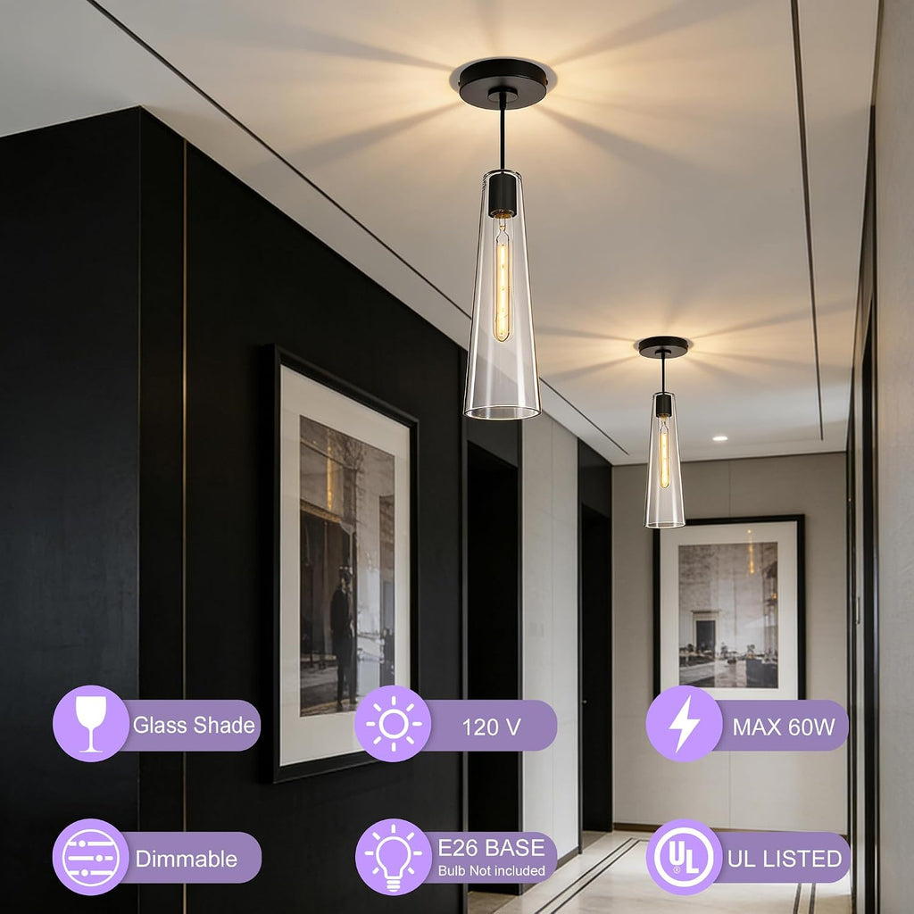 Modern Glass Pendant Lights Kitchen Island, Dimmable Black Pendant Light Fixtures 1 Pack, Adjustable Farmhouse Hanging Light Fixture with Clear Glass Shades for Hallway Dining Room