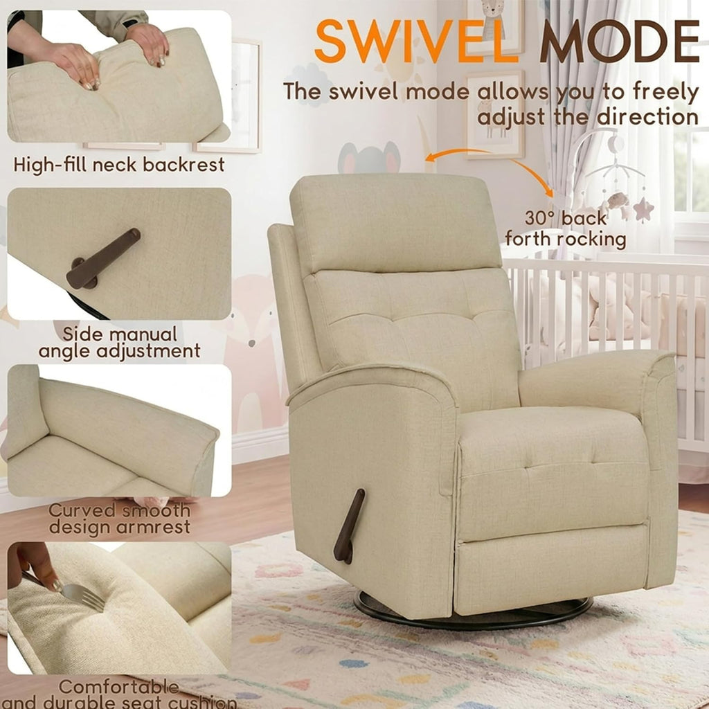 360° Swivel Glider Rocker Recliner Chair, Manual Reclining Sofa for Adults, Nursery Rocking Chiar for Nursery Room, Living Room and Bedroom, Small Recliners for Small Spaces,Beige