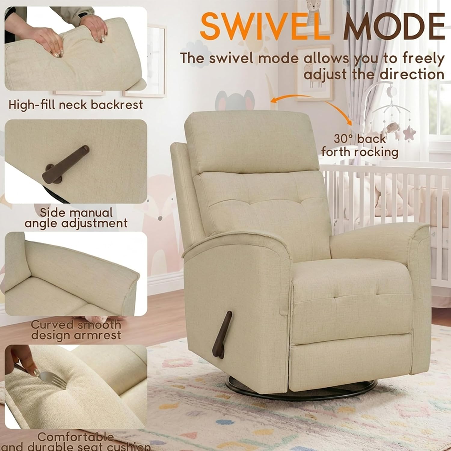 360° Swivel Glider Rocker Recliner Chair, Manual Reclining Sofa for Adults, Nursery Rocking Chiar for Nursery Room, Living Room and Bedroom, Small Recliners for Small Spaces,Beige