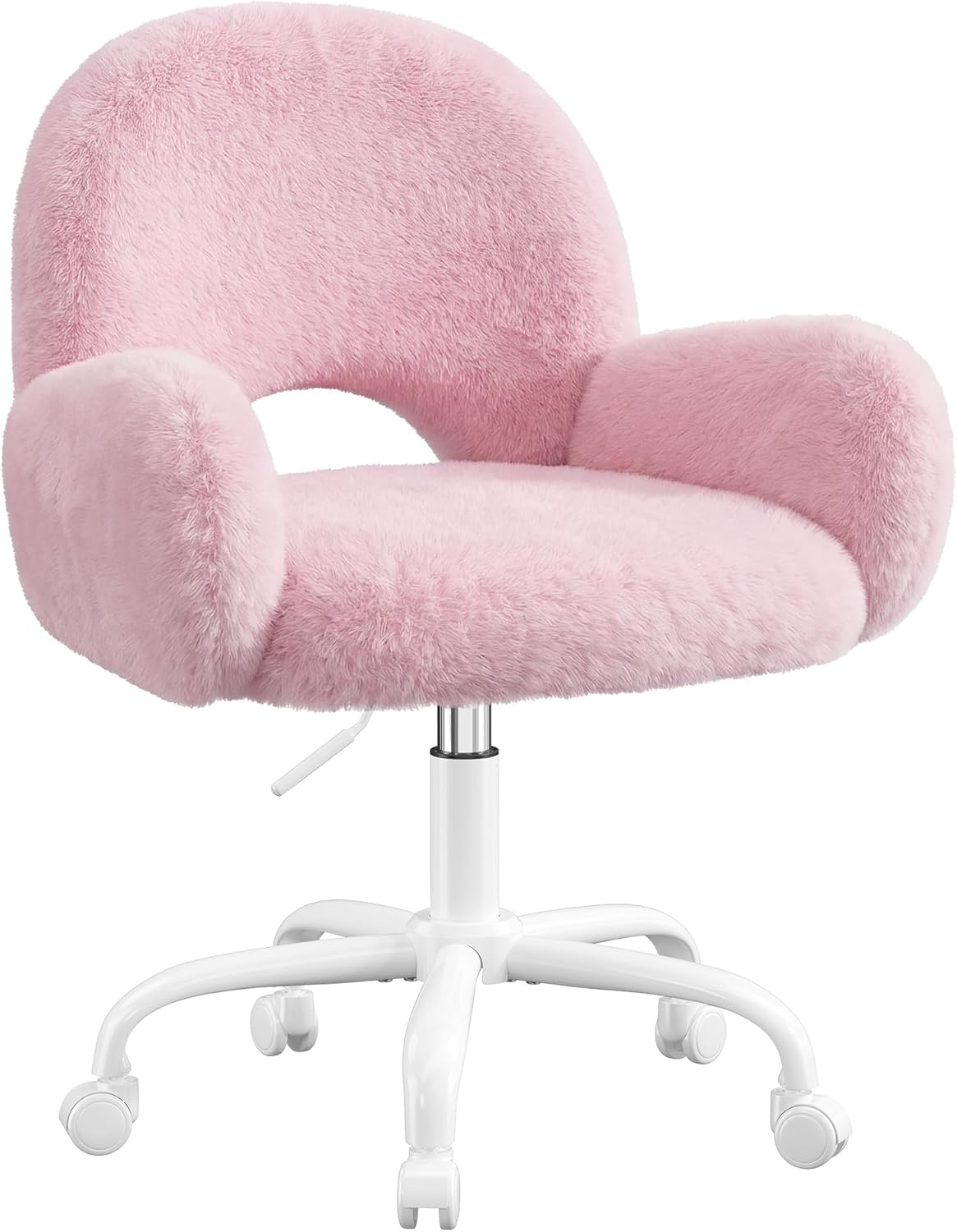Homkdom Vanity Chair with Round Hollow Back, Pink Desk Chair with Arms & Wheels, Cute Office Chair for Make-up Room, Bedroom, Home Office, Salon, Height Adjustable, Faux Rabbit Fur