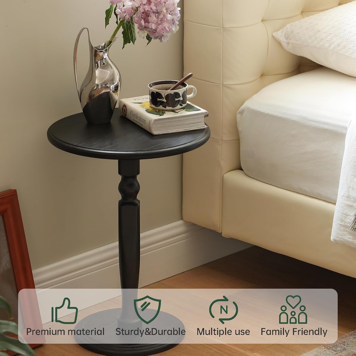 Solid Wood Round Side Table, Small Drink Table for Small Places, Accent Table with Stable Pedestal for Living Room, Bedroom, Corners, and Nursery (Black, 15.75" D x 15.75" W x 21.26" H)