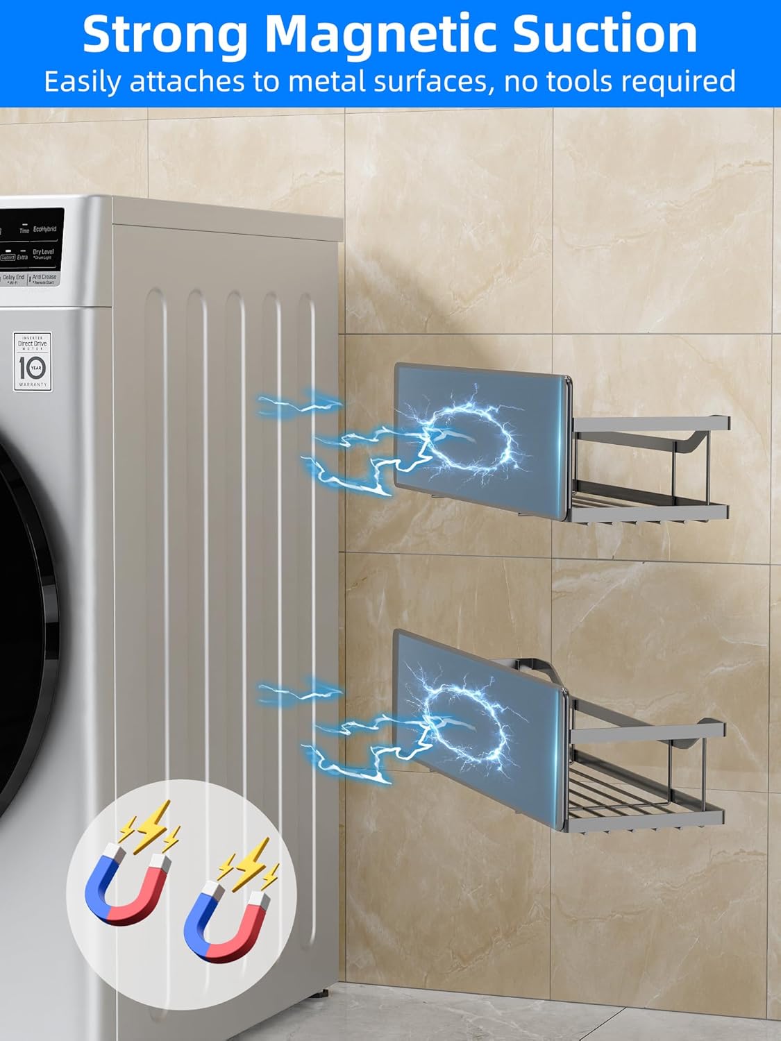 Multifunctional Magnetic Shelf for Washing Machine, Refrigerator, Microwave, and Any Metal Surface, Powerful Magnetic Shelves Include Magnetic Paper Towel Holder, Unique Hollow Design (5 pcs - Grey)