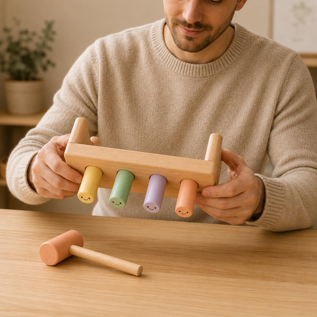 Juju Wooden Peg Bench Nursery Decor – Natural Beechwood Frame with 4 Sherbet Pastel Smiley Pegs and Matching Mallet – Tap-Through and Flip-to-Reset Design – Soft Satin Wood Shelf Accent