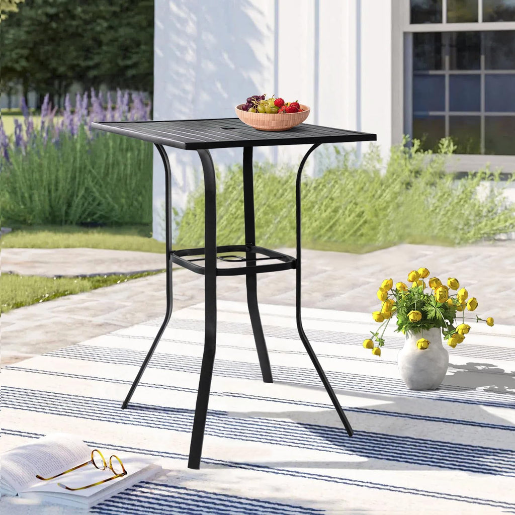 Crownland Patio Bar High 39” Table Metal Frame Outdoor Bar Bistro Table, Slatted Table Top with 1.57" Umbrella Hole, Classic Black