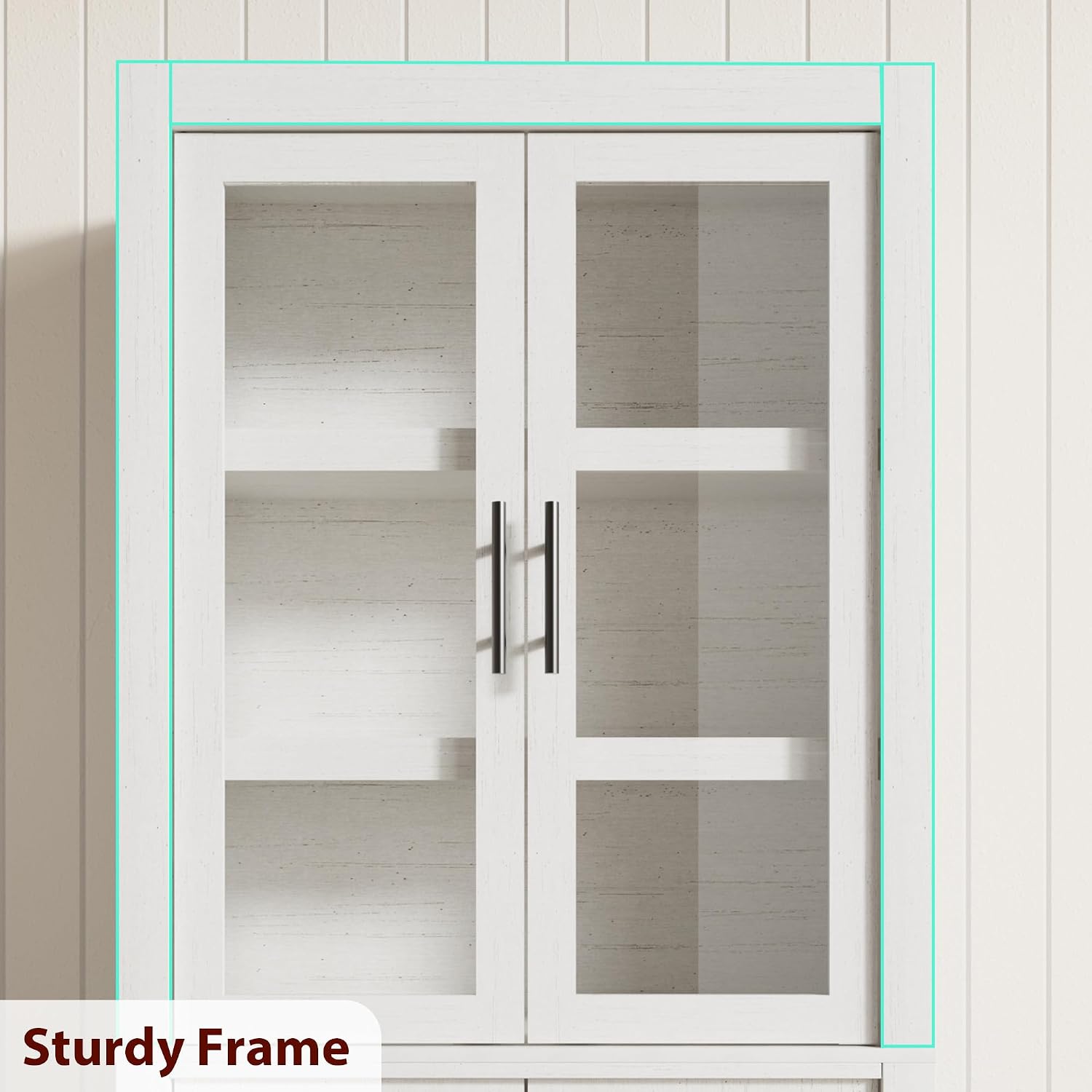 Tall Farmhouse Kitchen Pantry Cabinet, Wood Cabinet with 4 Doors & Adjustable Shelves, Sturdy Frame, Anti-Tip Design, Bookcase for Kitchen/Dining/Office, 70.45 Inches, Rustic White-Glass