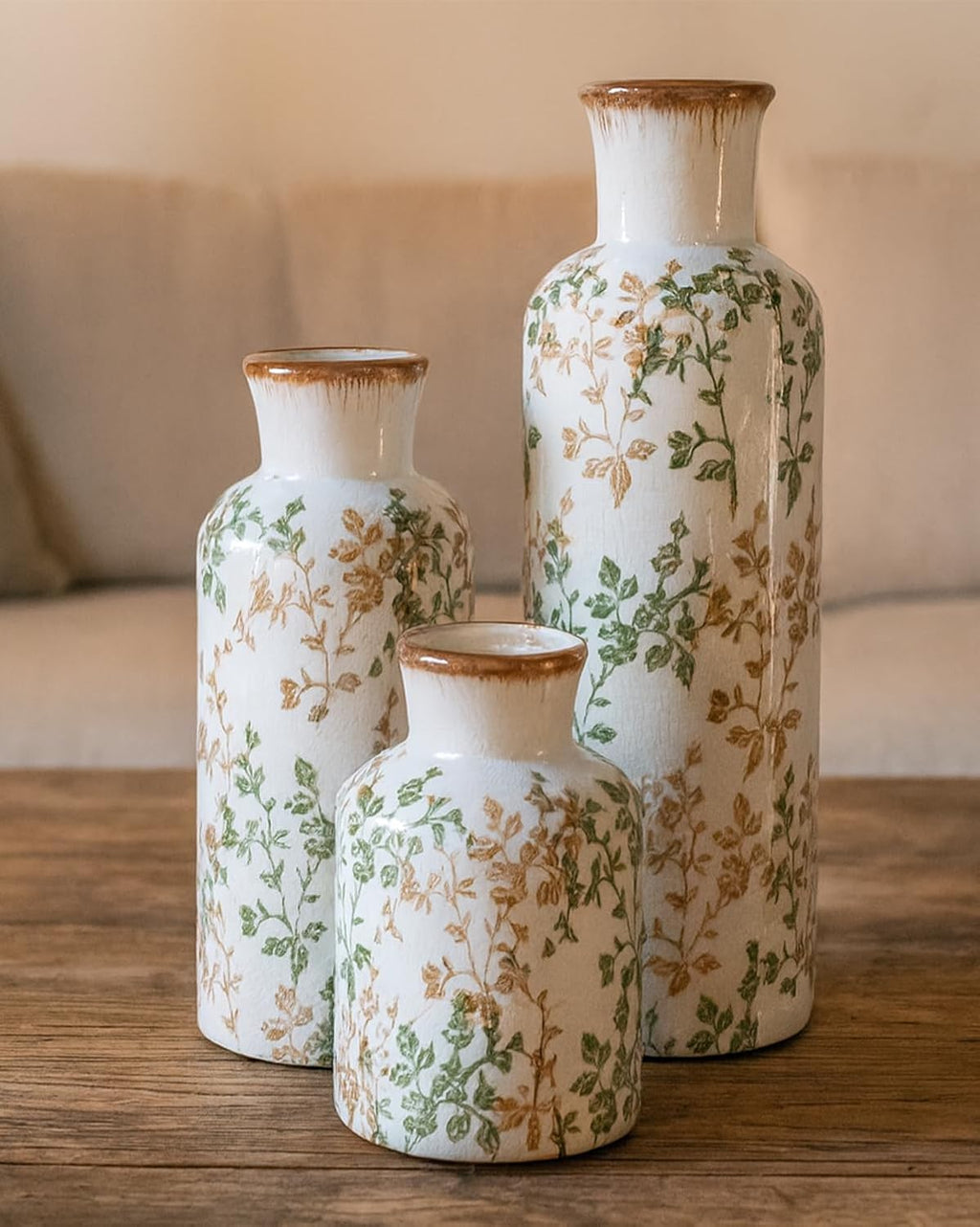 Ceramic Vase Set of 3, Vintage Ceramic Flower Vases, Crackle-Glaze & Distressed Rim, Brown & Green Botanical Pattern, for Home Decor, Living Room Mantel & Dining Table Centerpiece