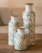 Ceramic Vase Set of 3, Vintage Ceramic Flower Vases, Crackle-Glaze & Distressed Rim, Brown & Green Botanical Pattern, for Home Decor, Living Room Mantel & Dining Table Centerpiece