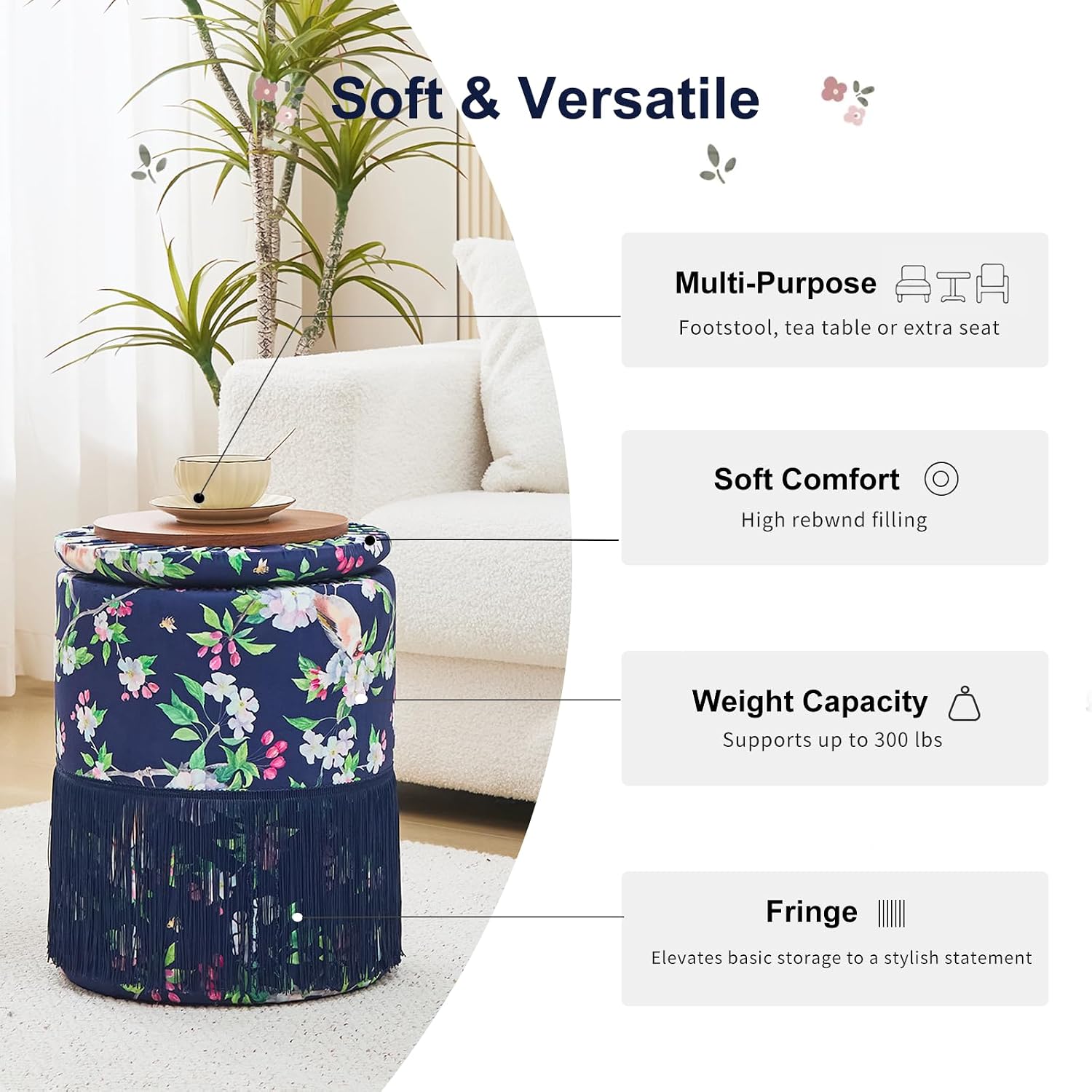 Round Fringe Ottoman with Storage, Farmhouse Tassel Velvet Footrest Stool, Flip Top Vanity Ottoman Chair for Living Room Bedroom