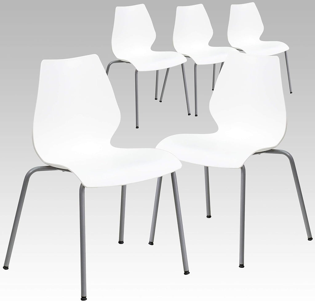 Flash Furniture Hercules Series Modern Plastic Stacking Event/Waiting Room Chairs, Ergonomic Lobby Chairs with Contoured Seats, Set of 5, White/Silver