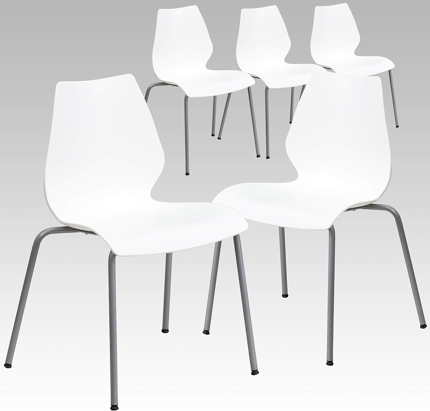 Flash Furniture Hercules Series Modern Plastic Stacking Event/Waiting Room Chairs, Ergonomic Lobby Chairs with Contoured Seats, Set of 5, White/Silver