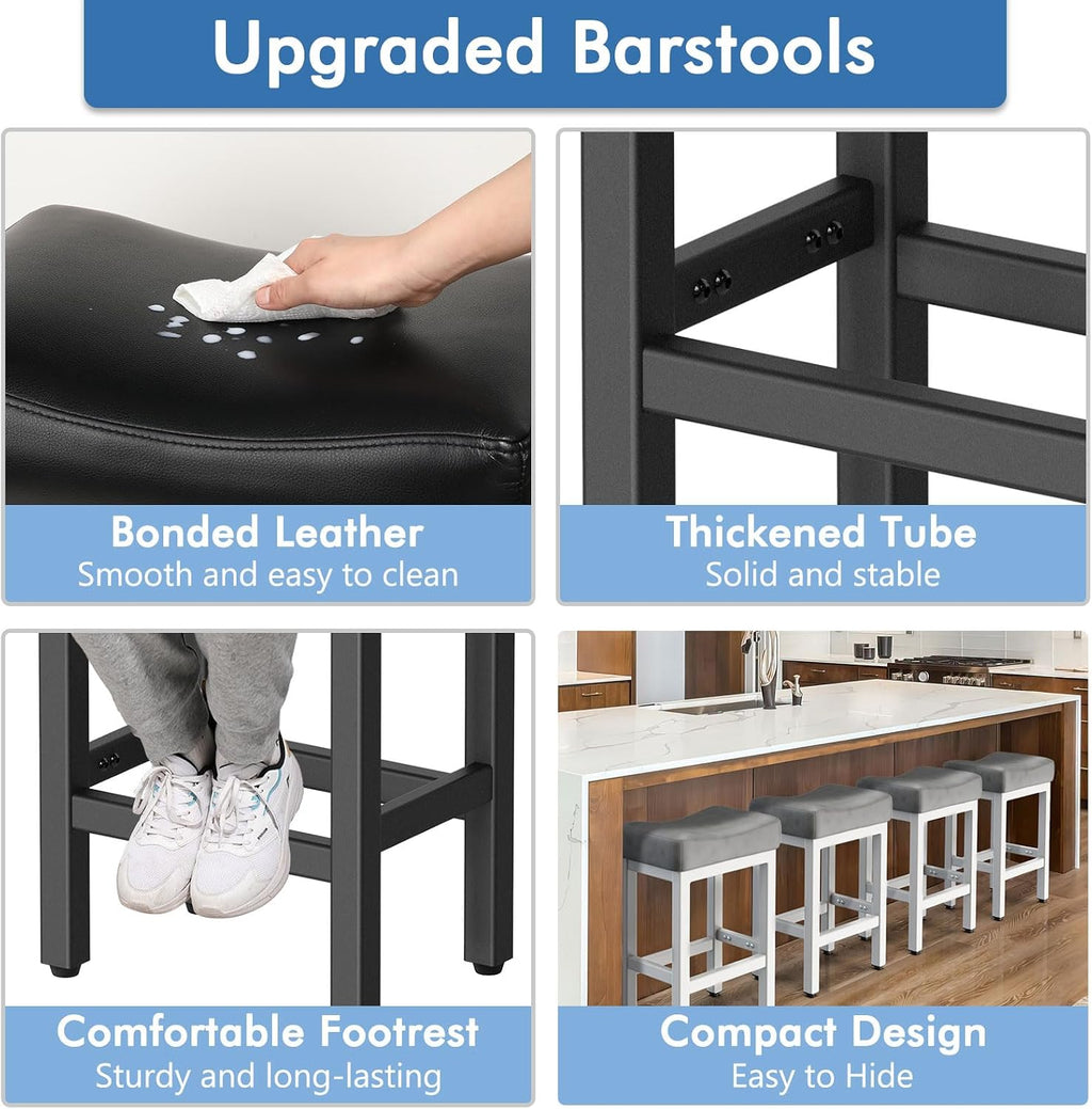 Raynesys 24 Inche Bonded Leather Counter Height Bar Stools Set of 2 Square | Barstools with Thick Bonded Leather Saddle Seats & Heavy Duty Metal Base for Kitchen Counter, Easy Assembly, All Black
