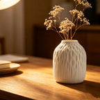 White Ceramic Flower Vase, 6 Inch Modern Vases Home Decor, White Ribbed Vases for Flowers,Pampas Grass Vase for Centerpieces Living Room Table Entryway Shelf (Small)