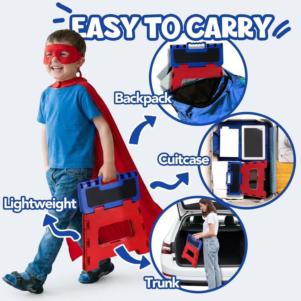 Delxo 9 Inch Kids Step Stool,400Lbs Folding Step Stool for Toddler Red+Blue | Toddler Foot Stool,Includes 3 Letter Stickers & 2 Non-Slip Grip Pads, Sturdy Compact Collapsible Stool for Kitchen, Bathroom