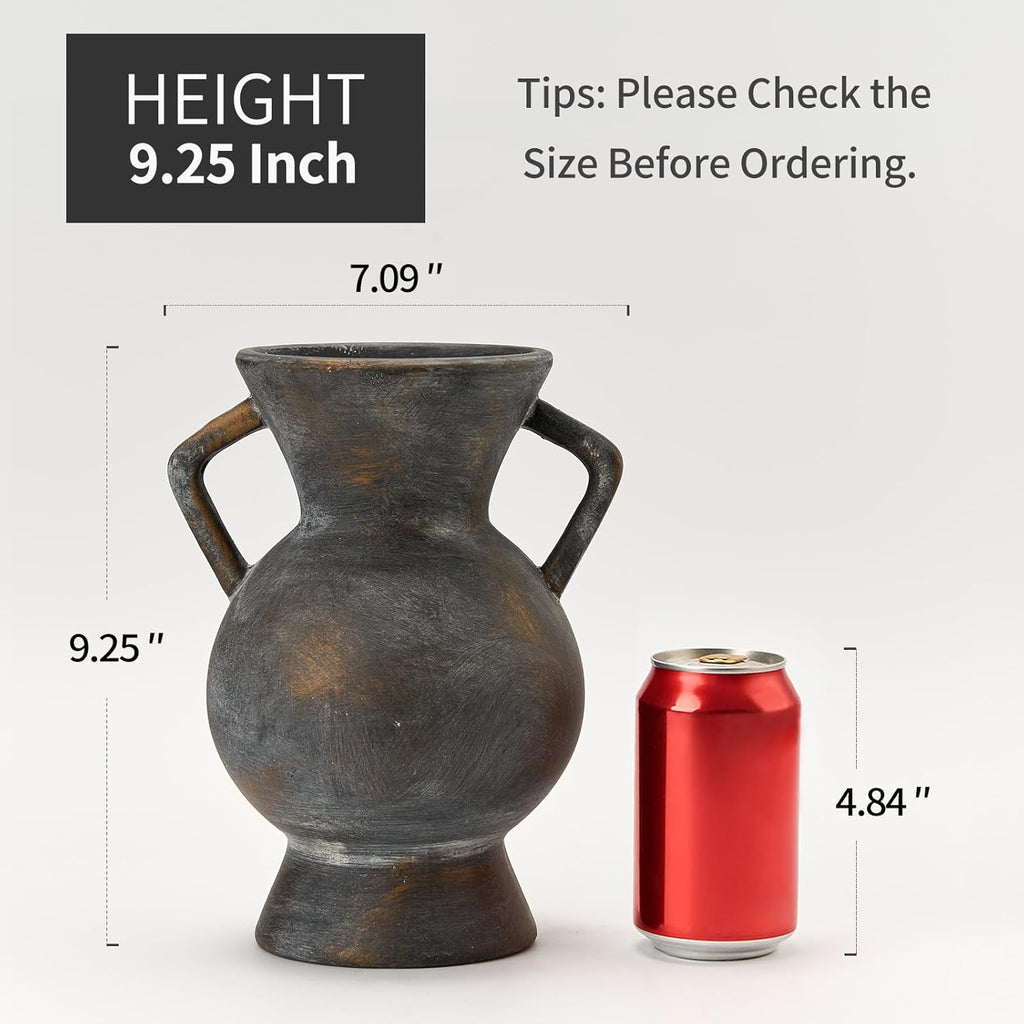 LUKA Antique Ceramic Vase with 2 Handle,9.25 inches Rustic Vase Minimalist Decor, Decorative Vases for Home Decor, Table, Living Room, Shelf, Christmas Decoration(Large,Black and Gold)