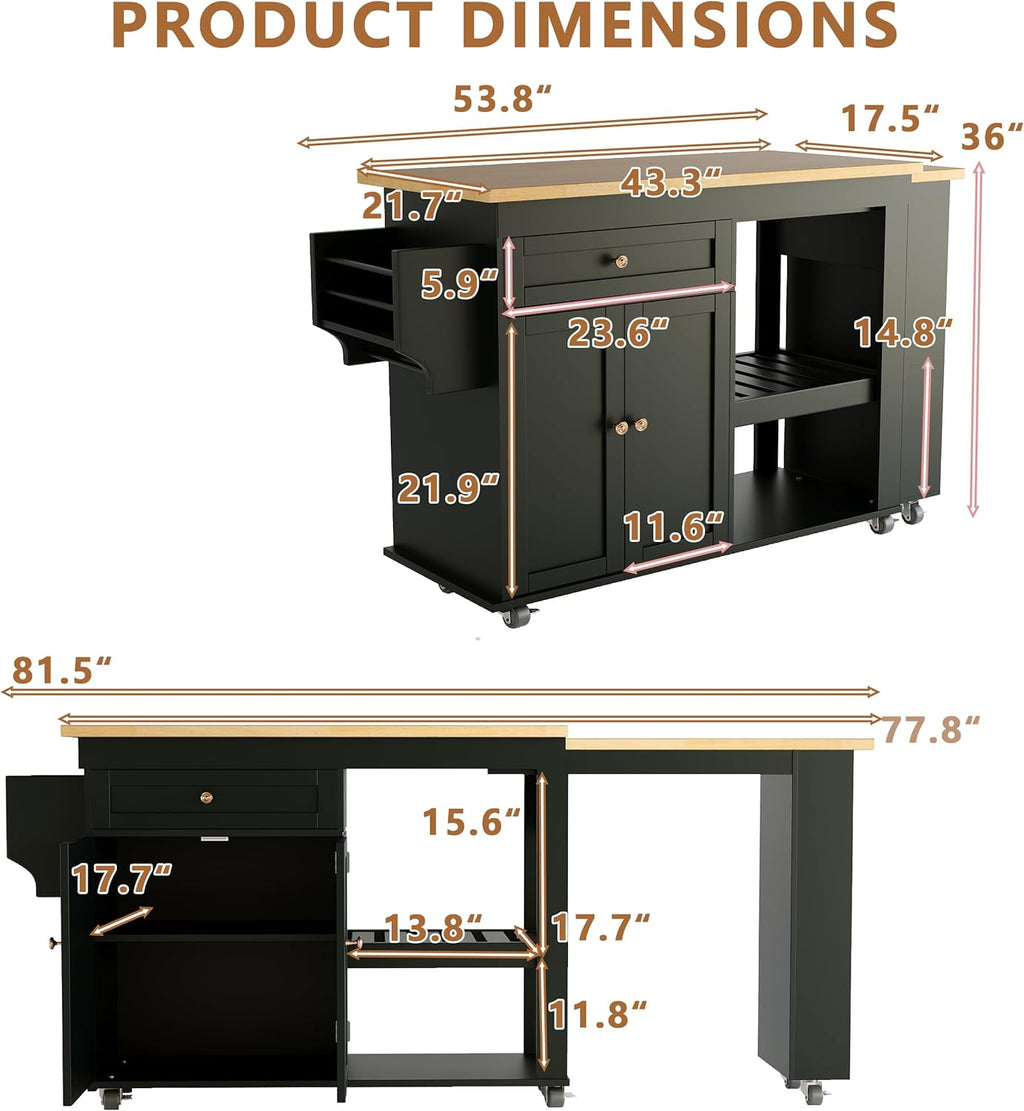 81.5" Kitchen Island with Extendable Dining Table, Rolling Kitchen Cart on Wheels with Spice Rack, Drawer and Door Cabinet for Dining Room, Black