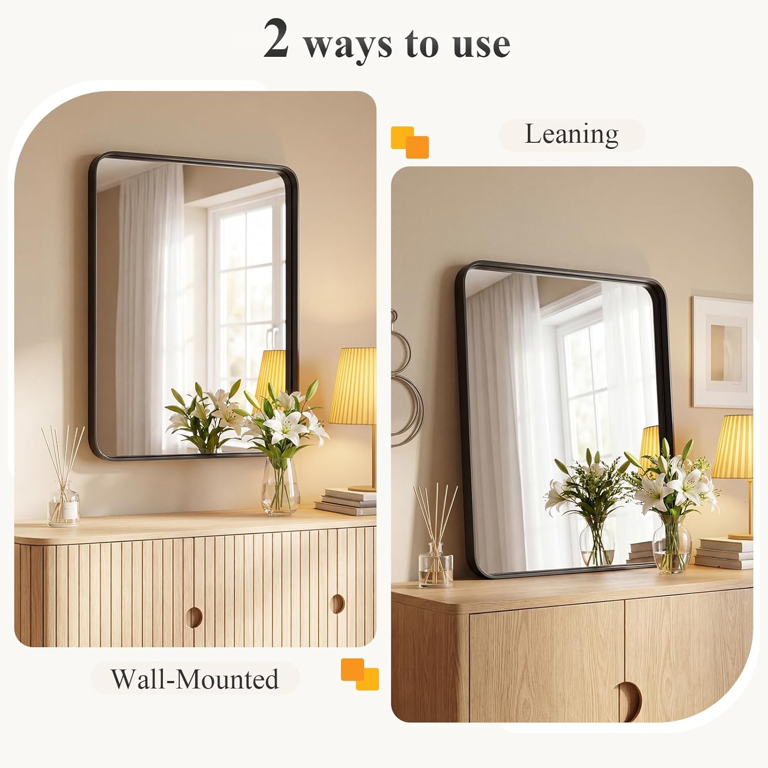 Sweetcrispy Bathroom Wall Mirror, 36x24 Inch Wall Mount Mirror for Over Sink, Modern Rounded Rectangle Vanity Mirrors with Matte Metal Framed, for Home Decor, Living Room, Bedroom, Black