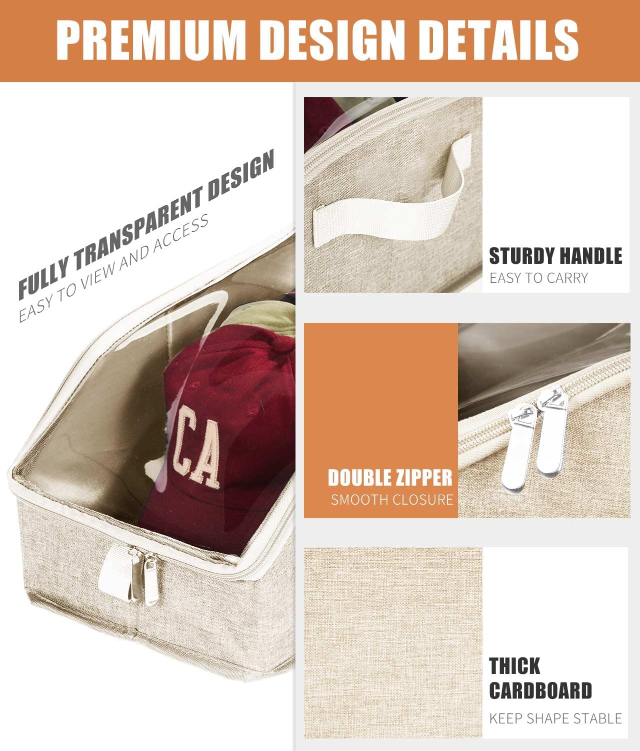 Livelab Hat Organizer for Baseball Caps, Hat Storage Holder Container for Closet Hold Up to 12 Caps with Clear Window, Hat Boxes for Home Storage | 2Pcs Beige