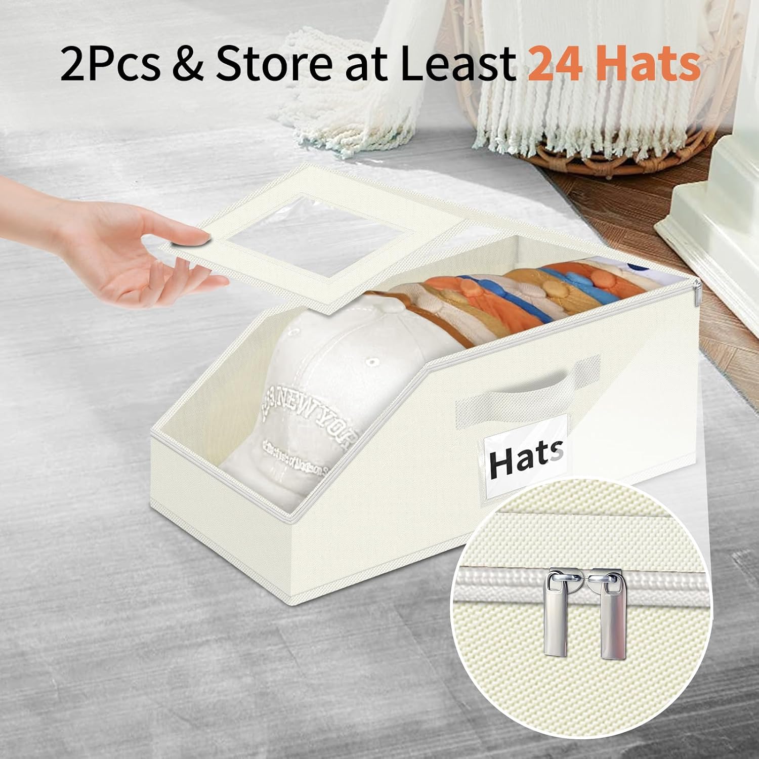 Aokeyee Hat Organizer for Baseball Caps - 2PCS Stackable Storage with Clear Window Lid, Flip-Top Access, Space-Saving Hat Box for Closet, Breathable Fabric (beige)