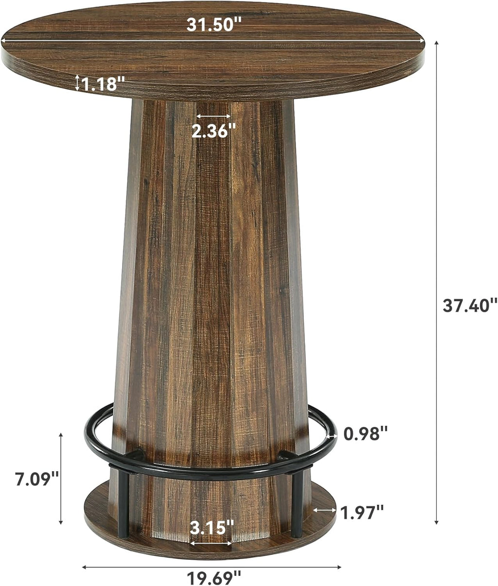 LITTLE TREE 31.5'' Round Bar Table, 37.4" H Wood Pub Table with Metal Ring Footrest, Industrial Farmhouse Bar Table for Kitchen, Dining Room, Pub, Rustic Brown(Only Table)