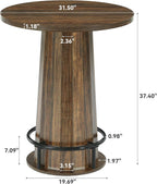 LITTLE TREE 31.5'' Round Bar Table, 37.4" H Wood Pub Table with Metal Ring Footrest, Industrial Farmhouse Bar Table for Kitchen, Dining Room, Pub, Rustic Brown(Only Table)